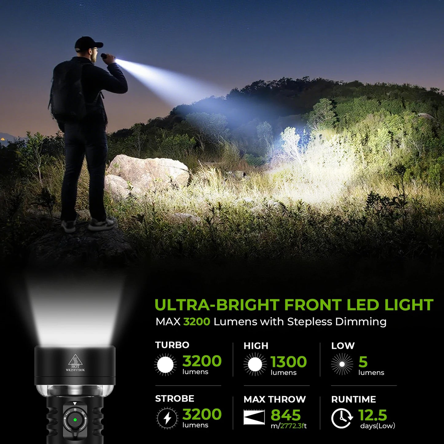 Super Bright Flashlight 3200 Lumens 845m Throw