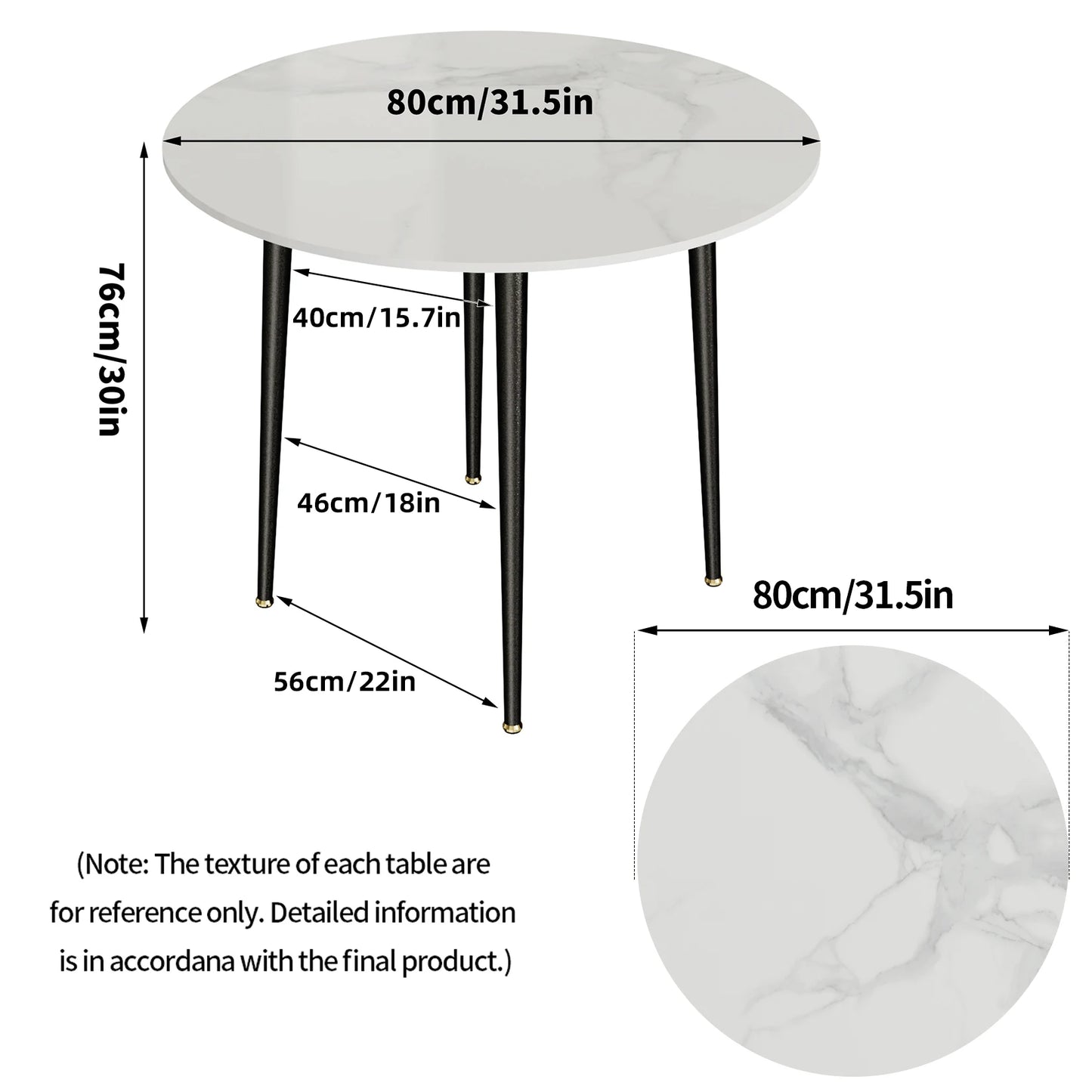 80cm Round Dining Table with Grey Marble Top for 4
