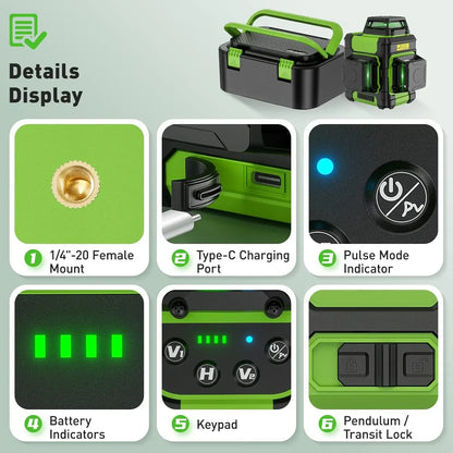 Rechargeable 3D Green Laser Level with Carry Case and Pulse