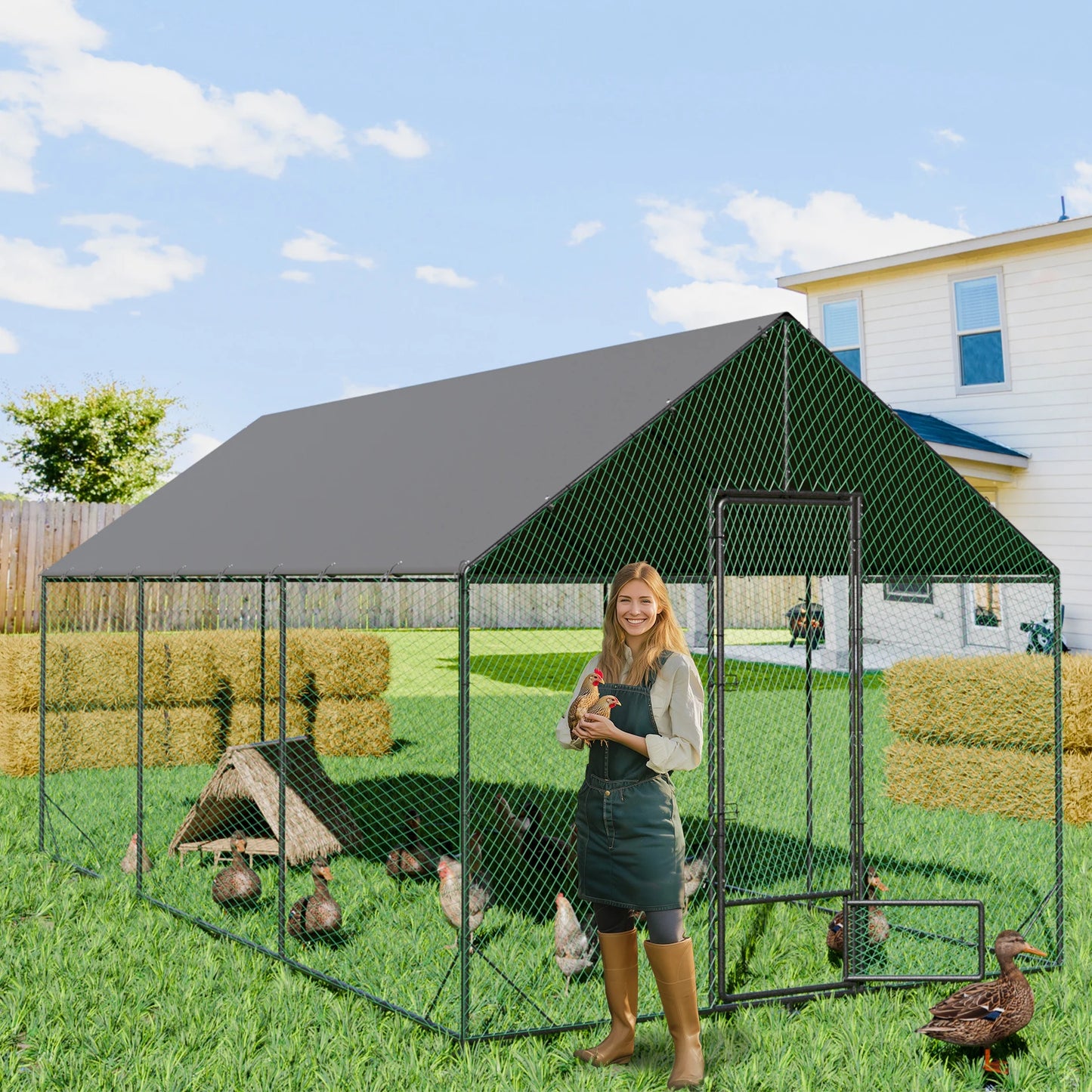 Large Outdoor Walk-In Chicken Coop with Roof Cover