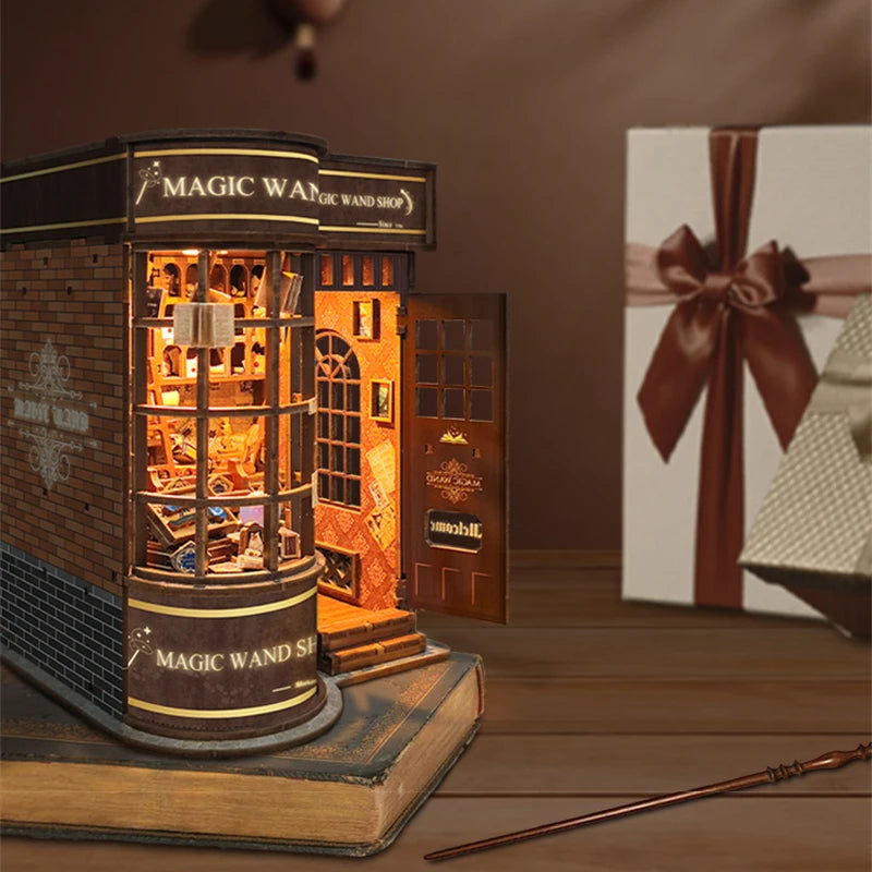 DIY Wooden Book Nook Kit with Retro Magic Shop Design