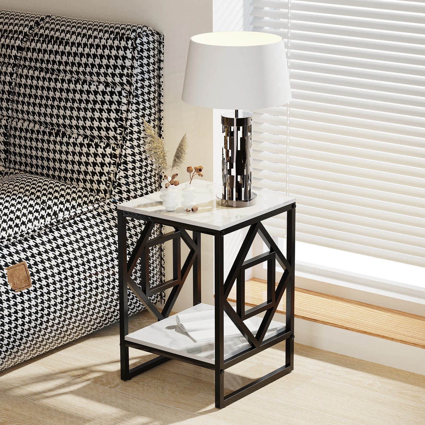 Modern White Marble Side Table with Durable Black Frame