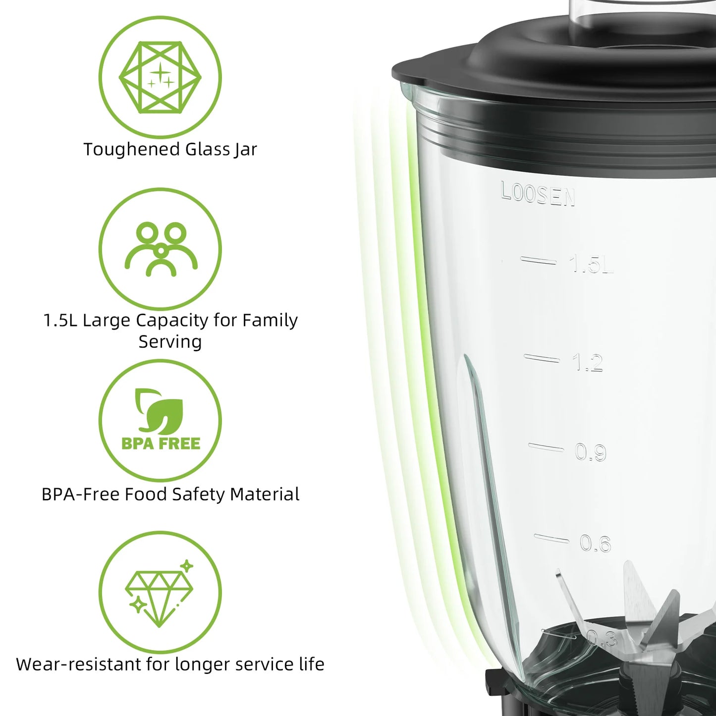 1300W Smoothie Blender 1.5L Glass Jar Frozen Fruit