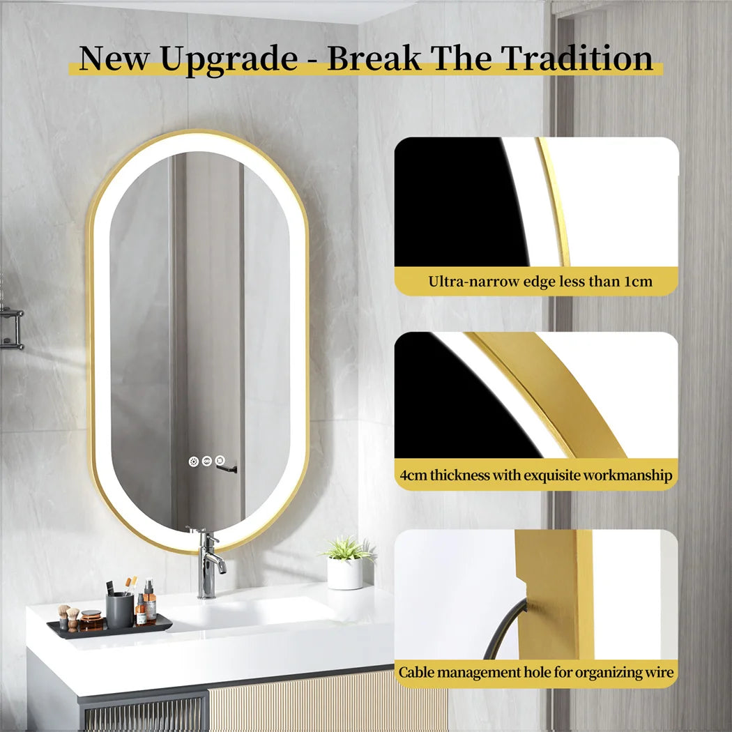 100x50cm Gold Frame Oval Mirror with LED & Demister