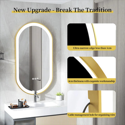 100x50cm Gold Frame Oval Mirror with LED & Demister