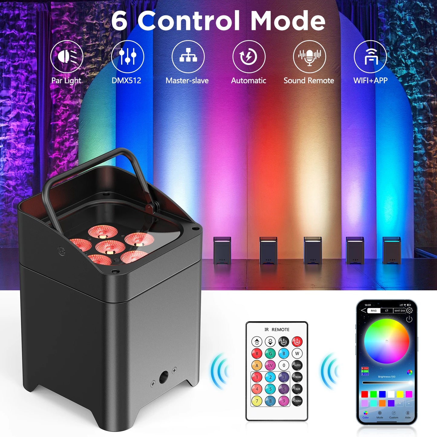 Rechargeable LED Par Stage Lights 2 Pack with WiFi Control