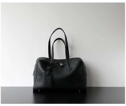 Women’s Genuine Leather Bowling Handbag Laptop Work Bag Black