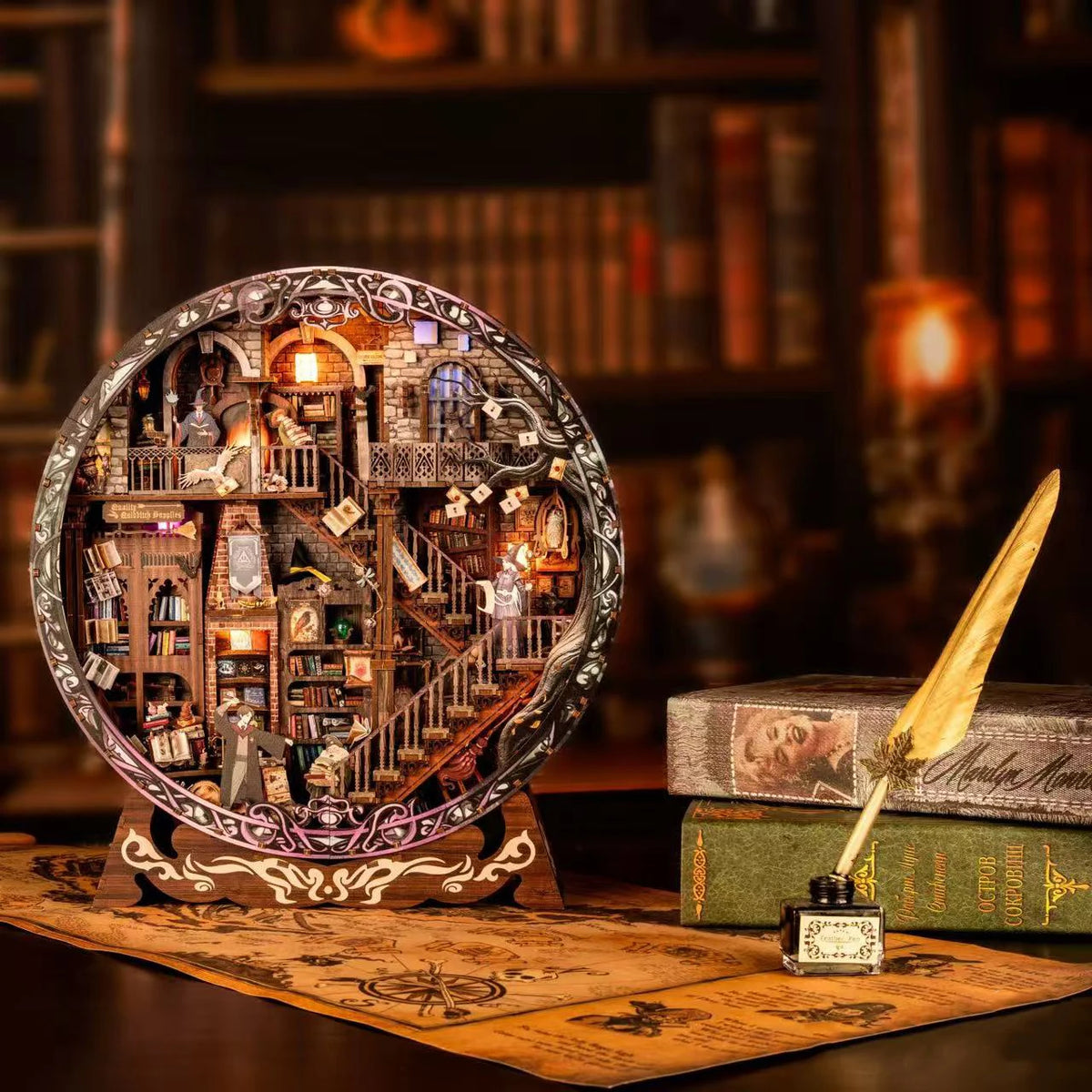 DIY Wooden Miniature Magic Library Dollhouse Kit with Furniture