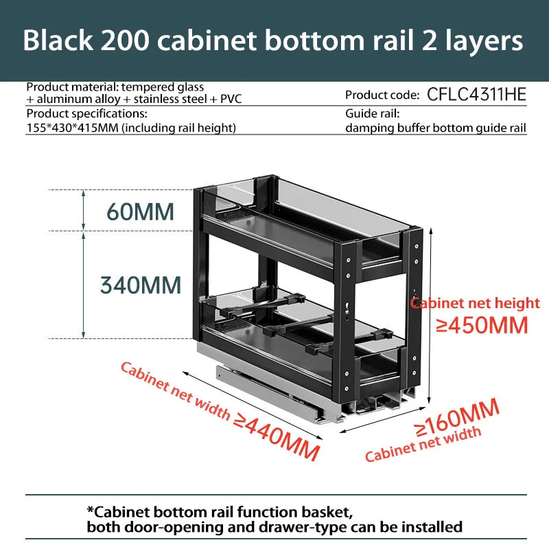 Black 2 Layer Kitchen Pull-Out Spice Shelf Rack