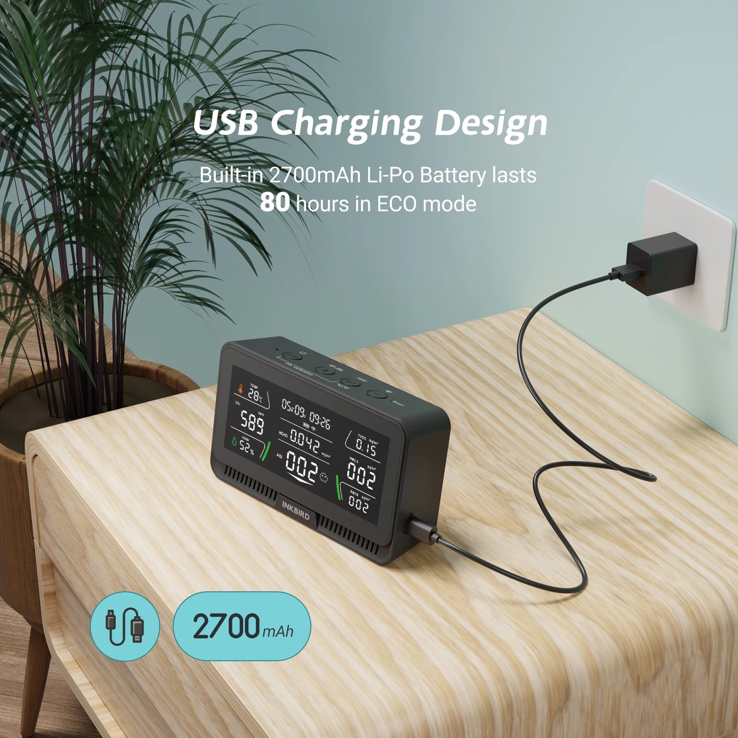 Smart Indoor Air Quality Monitor CO2 AQI Black