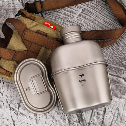 Titanium Camping Mess Kit with Water Bottle Ultralight Outdoor Set