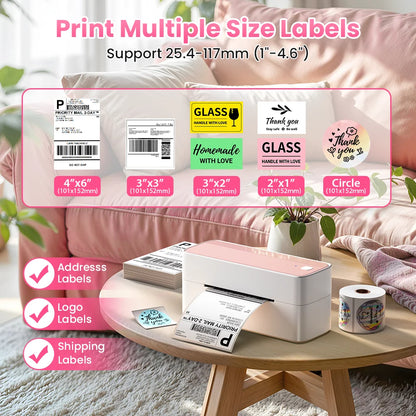 Portable Pink Bluetooth Label Printer 4x6 for Small Business