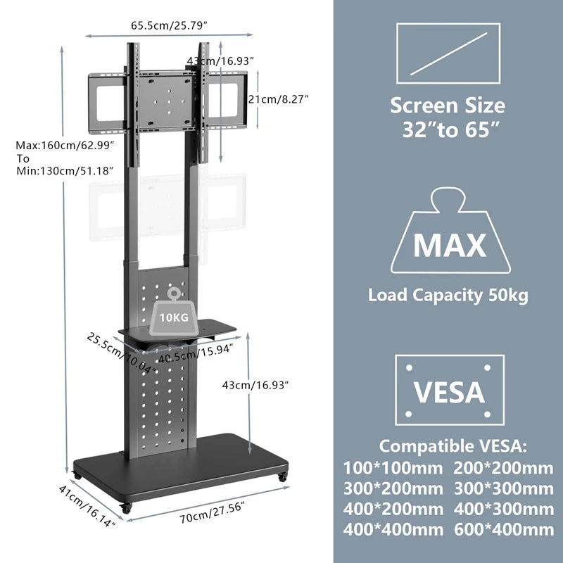 Rotating Vertical TV Floor Stand with Adjustable Height 32–65"