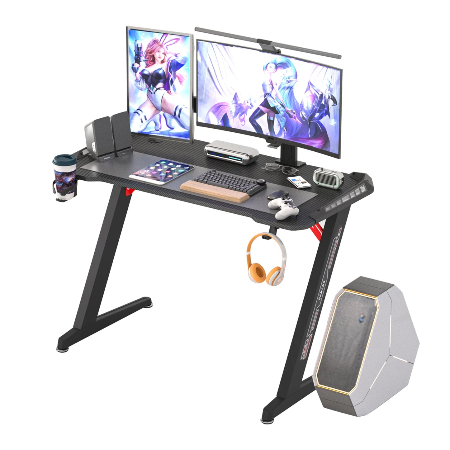 Z-Shaped Gaming Desk with RGB LED Lights 140cm