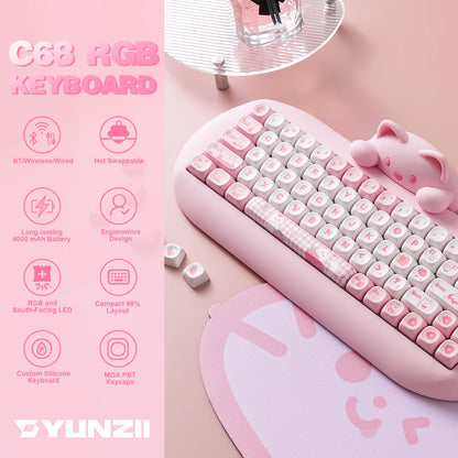 Cute Cat Wireless RGB Mechanical Gaming Keyboard Pink
