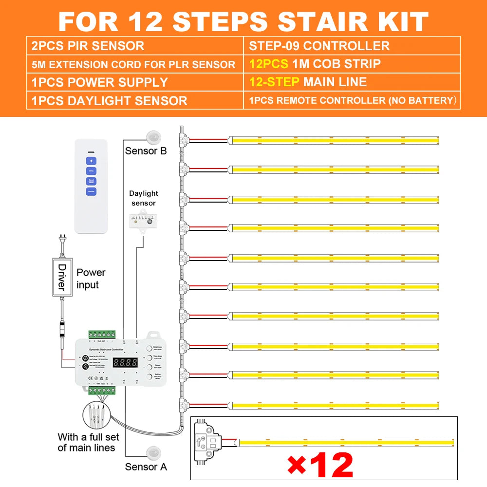 Warm White 12 Steps Stair Lighting Sensor Kit