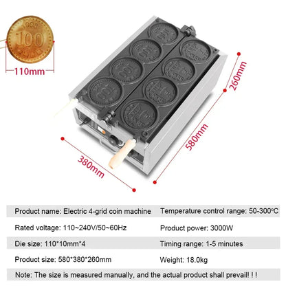 4-Grid Snack Waffle Maker with Gold Coin Mold