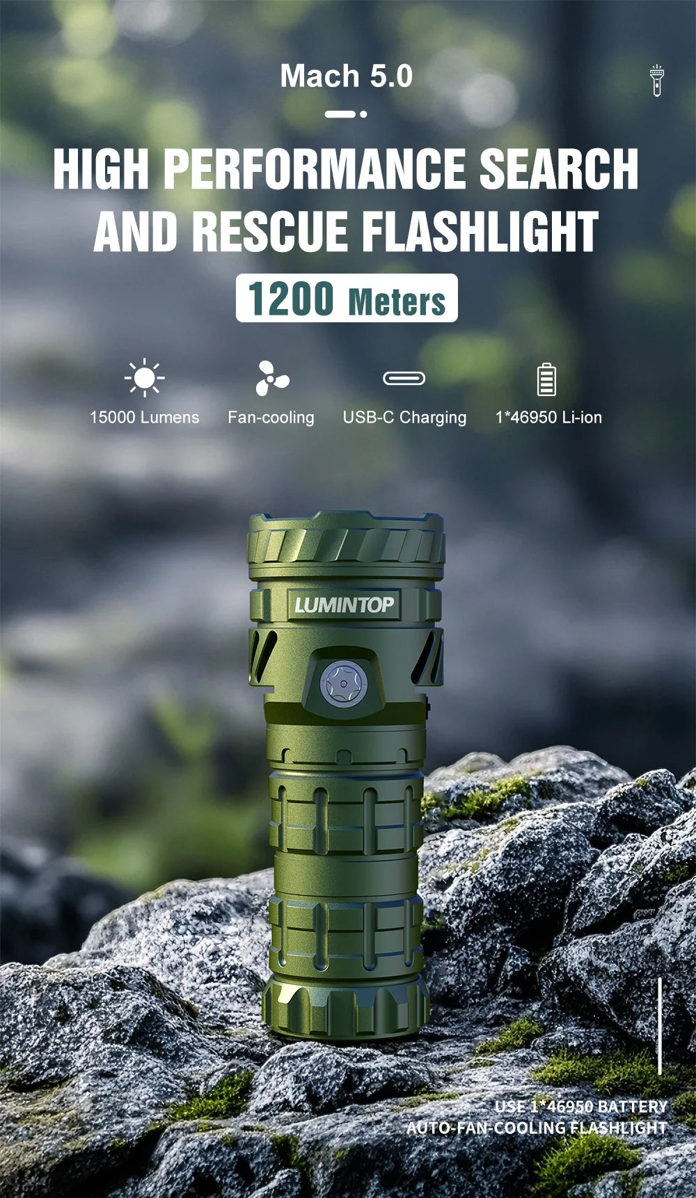 USB-C Rechargeable 15,000 Lumen Tactical Flashlight