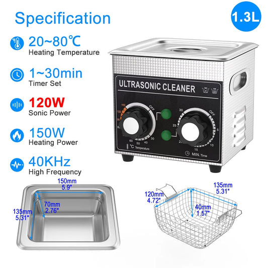 1.3L Ultrasonic Cleaner 120W Heating Timer 40kHz