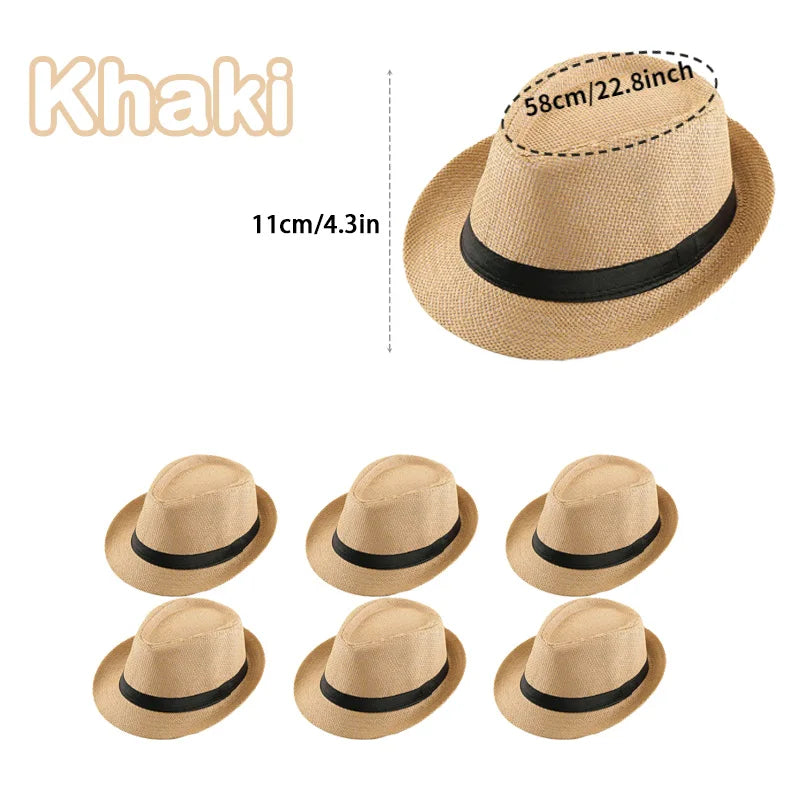 6-96pcs Roll Up Straw Fedora Hats Beige Khaki