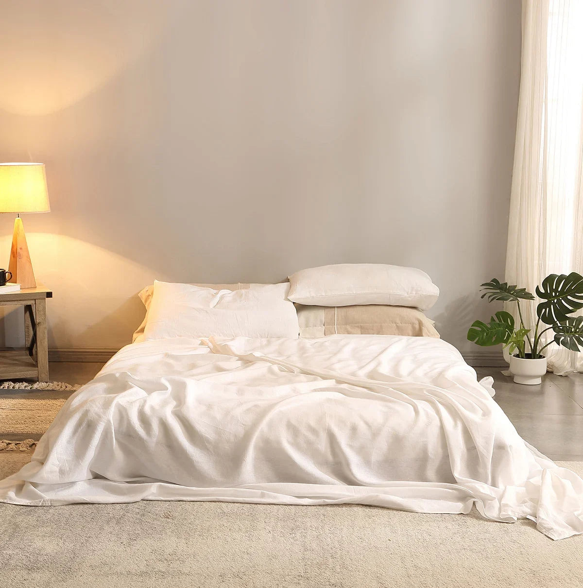 Pure Linen 4 Piece Queen Size Bedding Set Bleach Color
