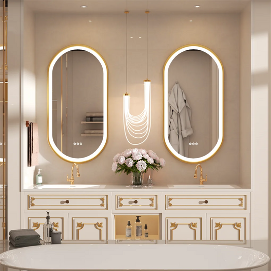 100x50cm Gold Frame Oval Mirror with LED & Demister