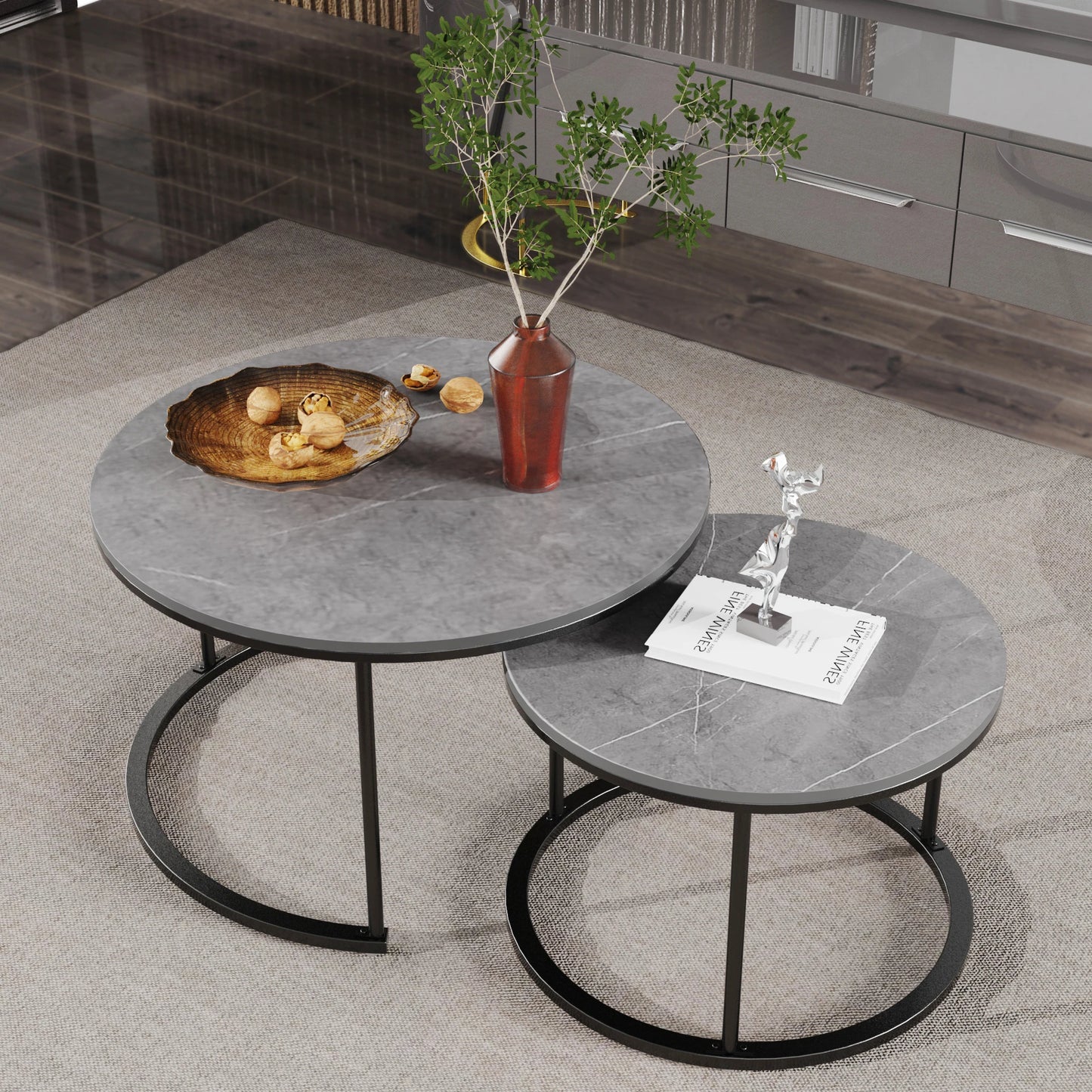 2-in-1 Round Marble Side Table Set Metal Frame Design