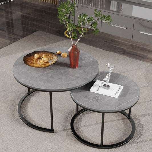 2-in-1 Round Marble Side Table Set Metal Frame Design