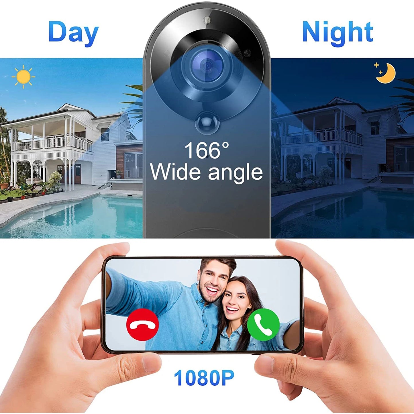 Wireless 1080P Black Doorbell Camera with 64GB Storage