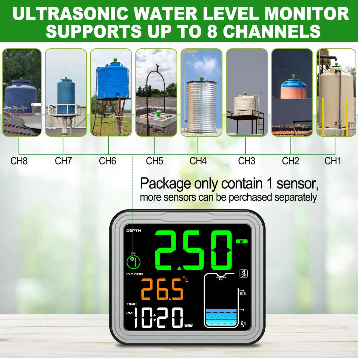8in1 Wireless Tank Level Monitor with Alarm & LCD Display