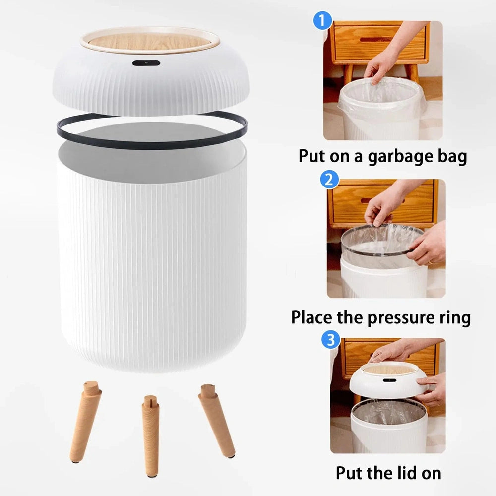 Trash Can - Automatic Motion Sensor, Small Plastic Smart Waste Bin with Lid for Bedroom, Bathroom, Kitchen, Office (White, With Feet)