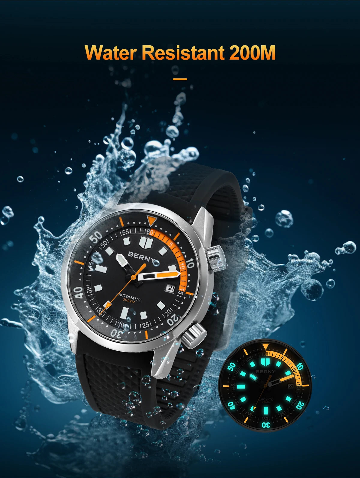 200M Waterproof Automatic Dive Watch with Blue Dial