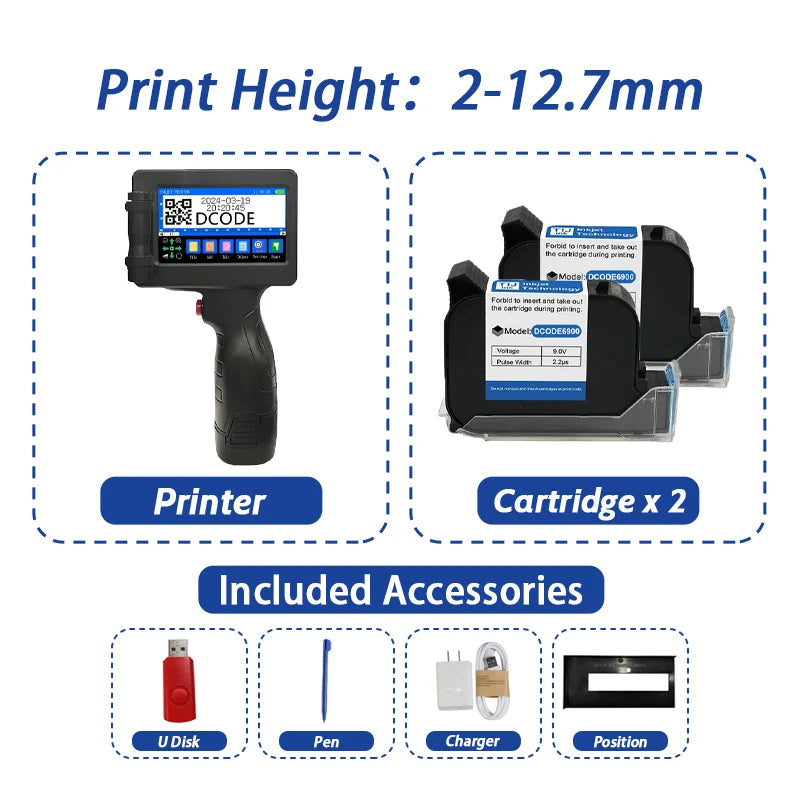 Smart Handheld Barcode and Logo Printing Machine with 2 Inks