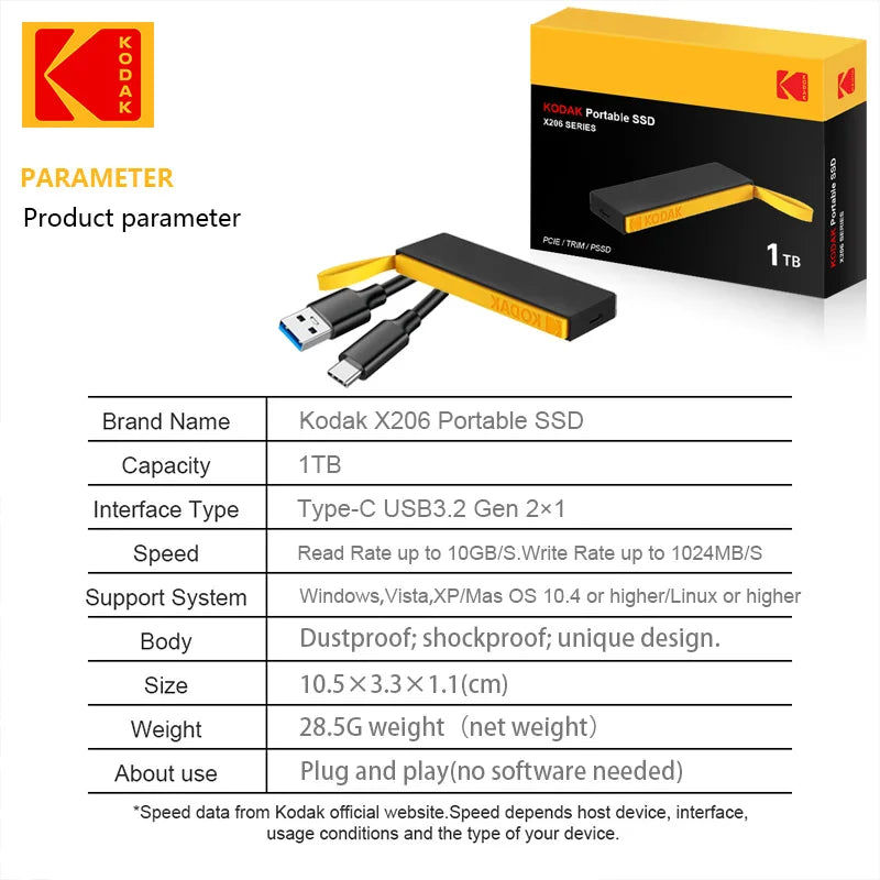 KODAK High-Speed 1TB USB 3.2 Flash SSD Portable Storage