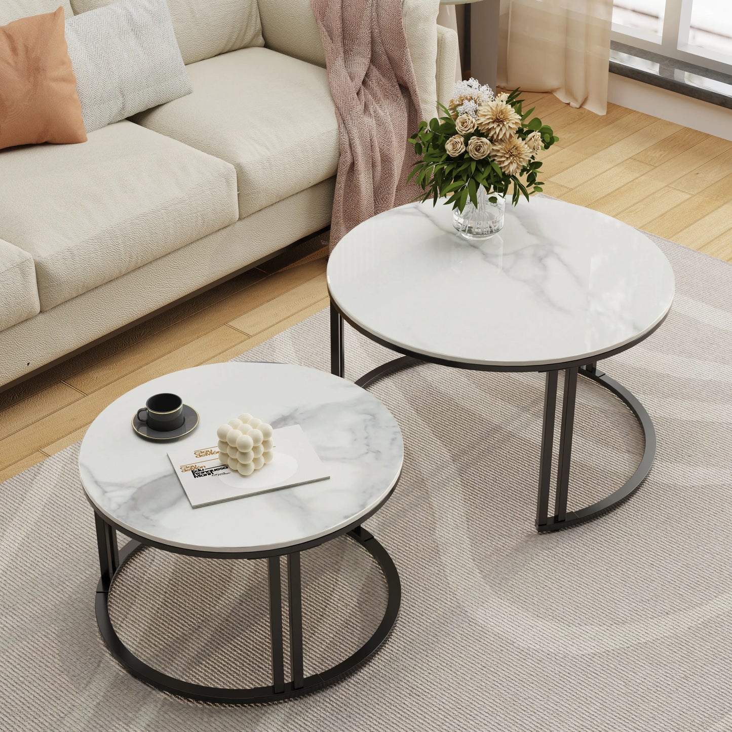 2-Piece Round Nesting Coffee Table Set with Stone Top