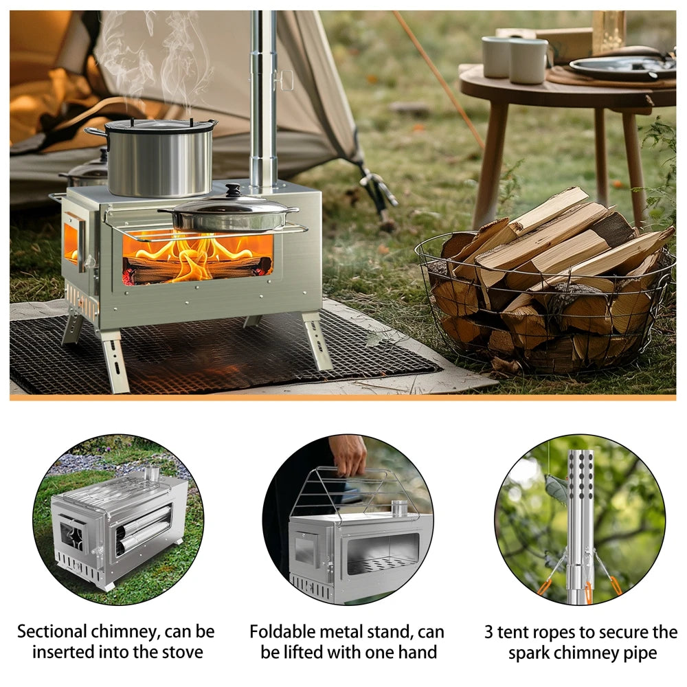 Outdoor Wood Burning Tent Stove with 7-Piece Chimney Set