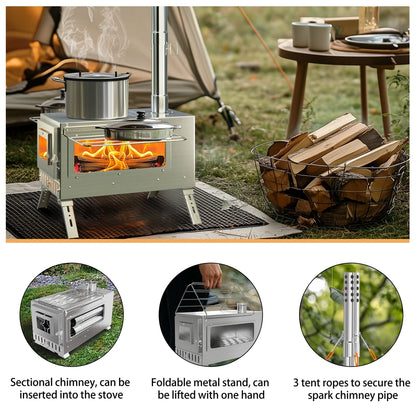 Outdoor Wood Burning Tent Stove with 7-Piece Chimney Set