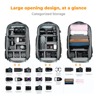25L Camera Backpack with Laptop Compartment and Tripod Strap