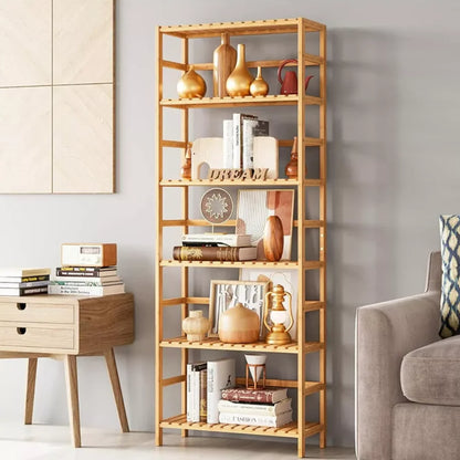 Slim Freestanding Bamboo Bookcase with Adjustable Shelves