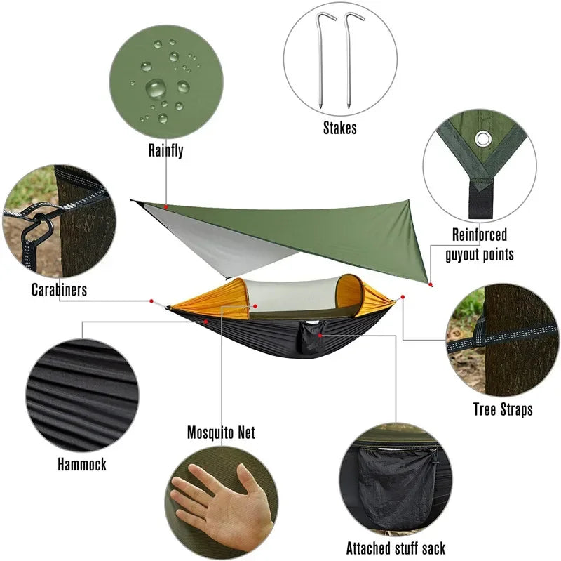 Green Black Camping Hammock with Mosquito Net and Rain Fly