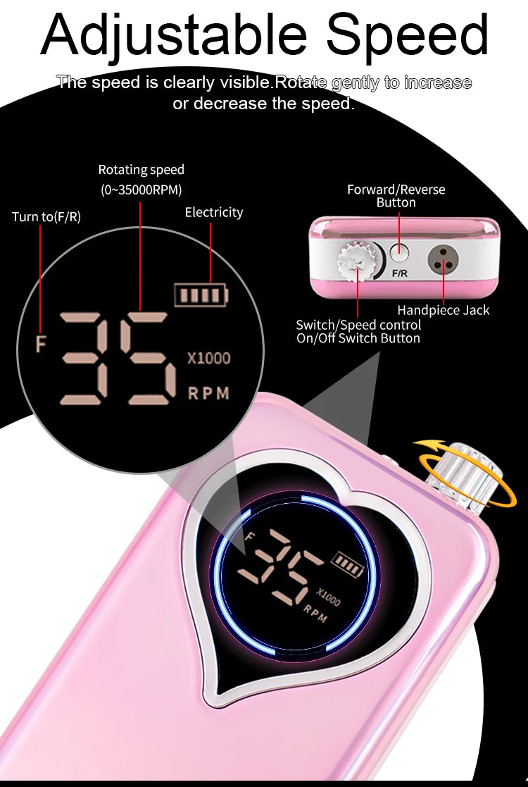 Electric Nail Drill 35000RPM Acrylic File Heart Screen
