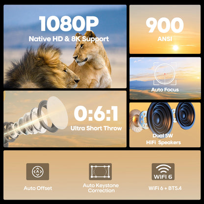 1080P Ultra Short Throw Projector 900 ANSI Auto Focus
