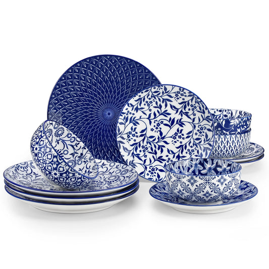 12 Piece Porcelain Dinner Set with Blue White Pattern
