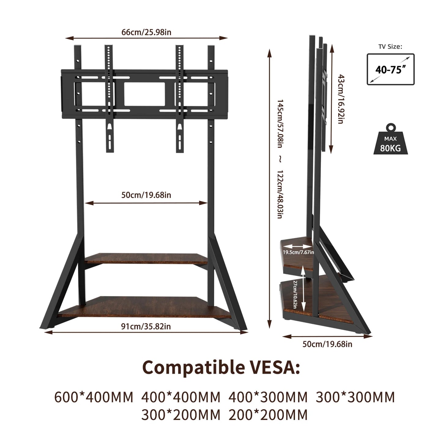 Heavy Duty Rolling TV Mount Stand 40-75 Inch Adjustable