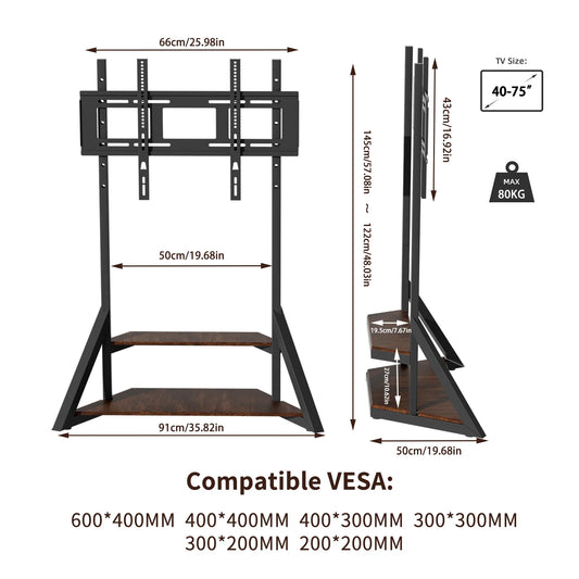 Heavy Duty Rolling TV Mount Stand 40-75 Inch Adjustable