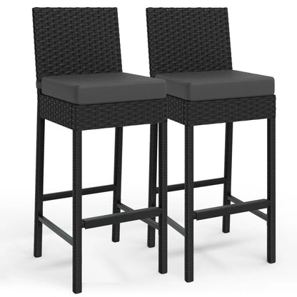 Dark Grey Outdoor Wicker Bar Stools Set with Cushions