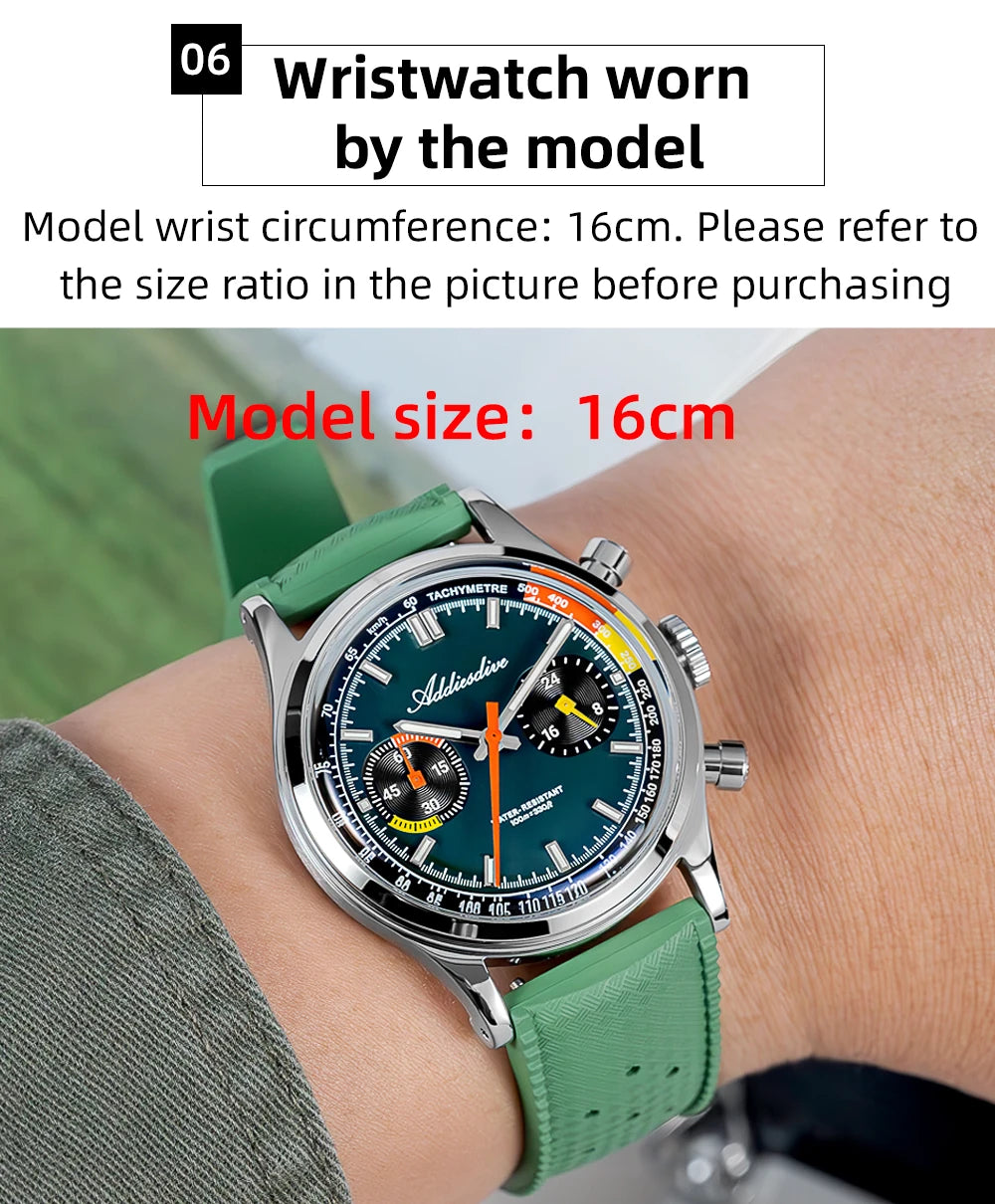 38mm Chronograph Quartz Watch 100m Waterproof Luminous Green