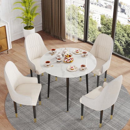 32" Round Kitchen Dining Table Sintered Stone Metal Base White