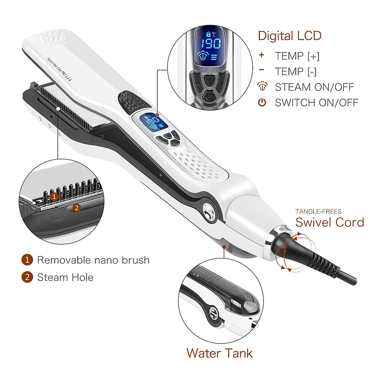 Electric Steam Hair Straightener Ceramic Wide Plates LCD Display