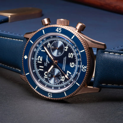 Luxury Pilot Chronograph Watch with Blue Dial and Leather Strap